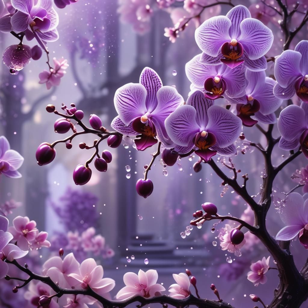 Purple Orchid with Crystalline Blossoms in Art Nouveau Style