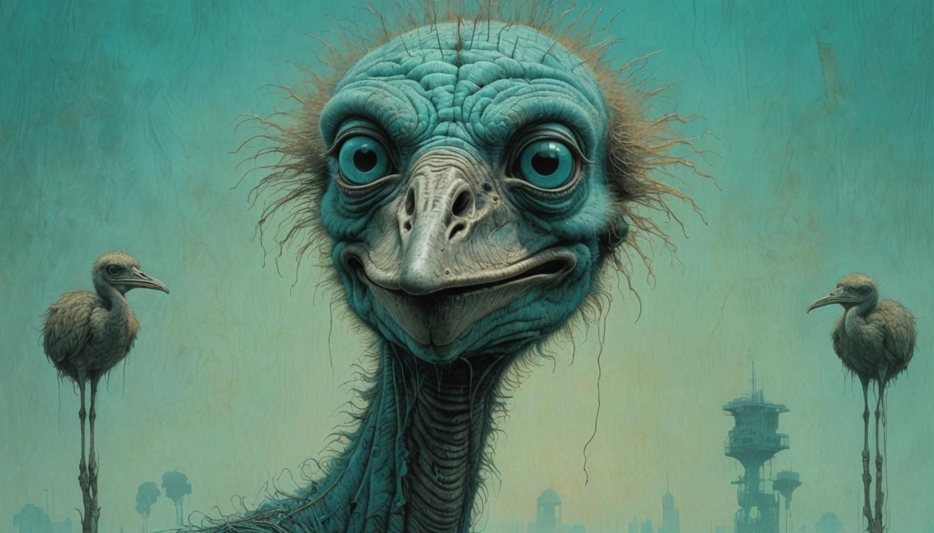 Surreal Ostrich Phone Device in Beksiński Style