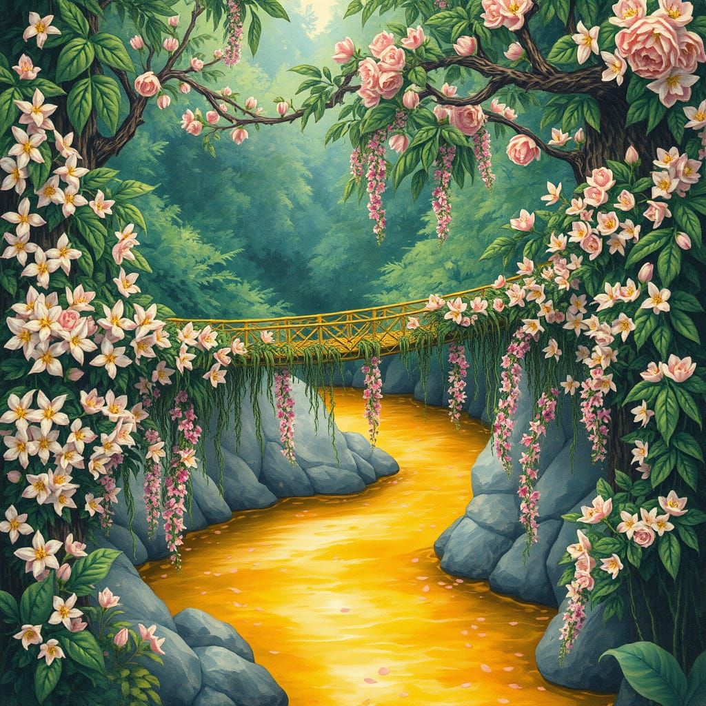 Lush Jungle Bridge in Vibrant Floral Painting