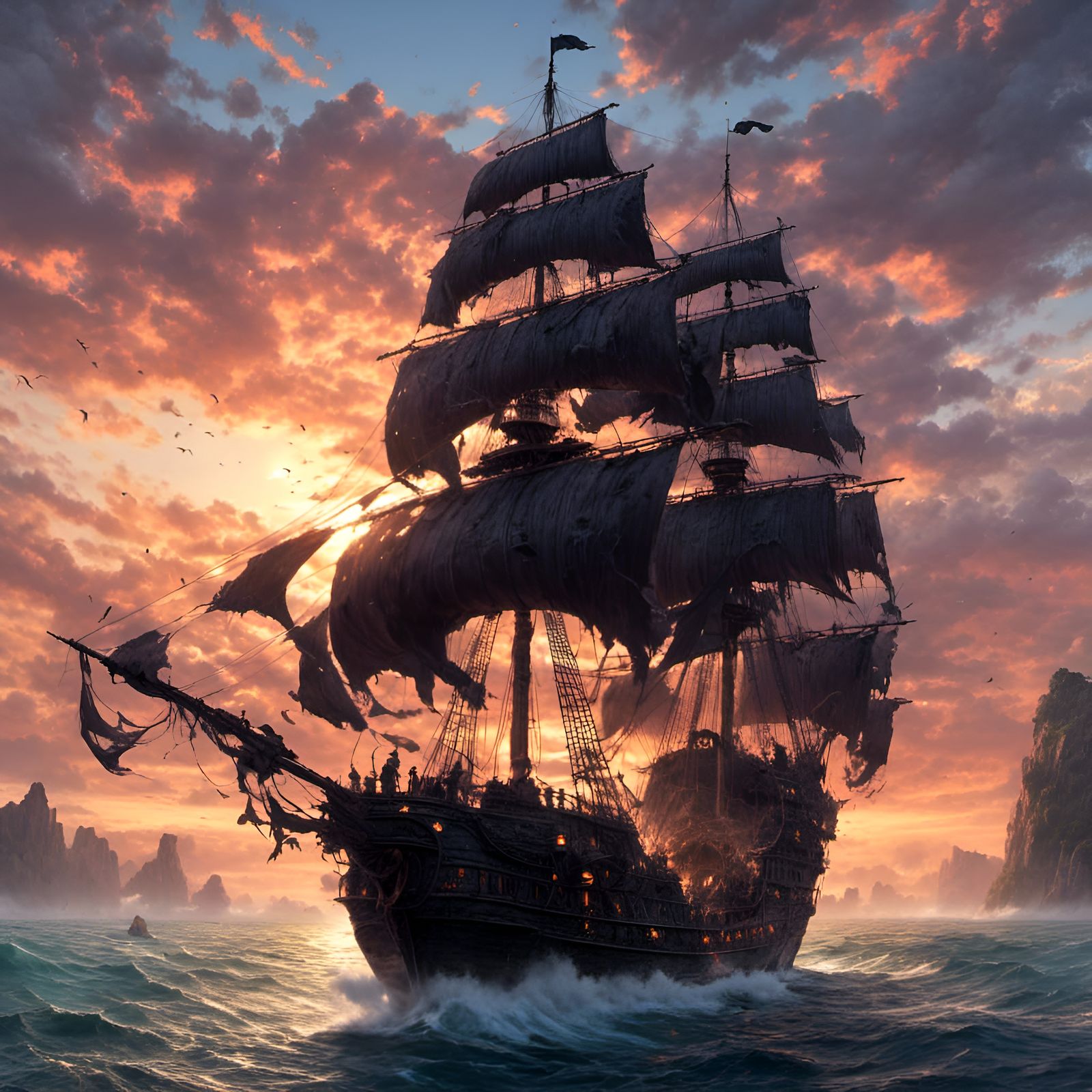 Fantasy Ship with Black Sails at Sunset