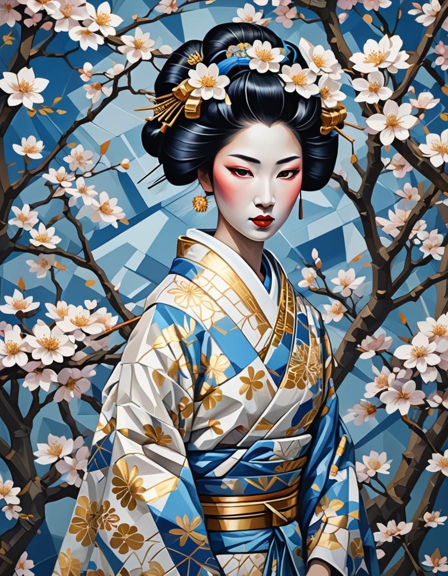 Cubist Geisha Portrait Under Sakura Tree