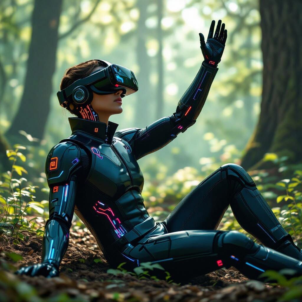 Futuristic Human with VR Lenses in Neon Forest