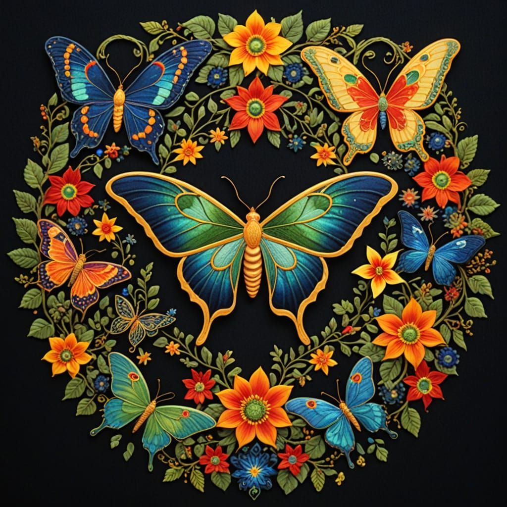 Glowing Mandala Moth in Amish Folk Art Style