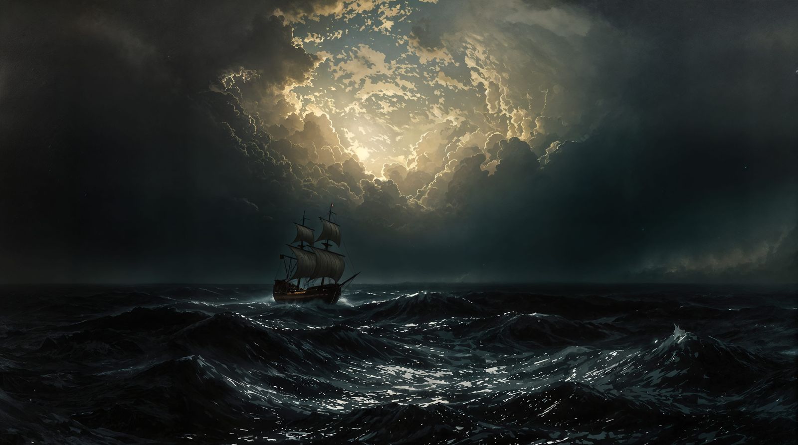 Atmospheric Seascape with Billowing Sails in Dramatic Twilig...