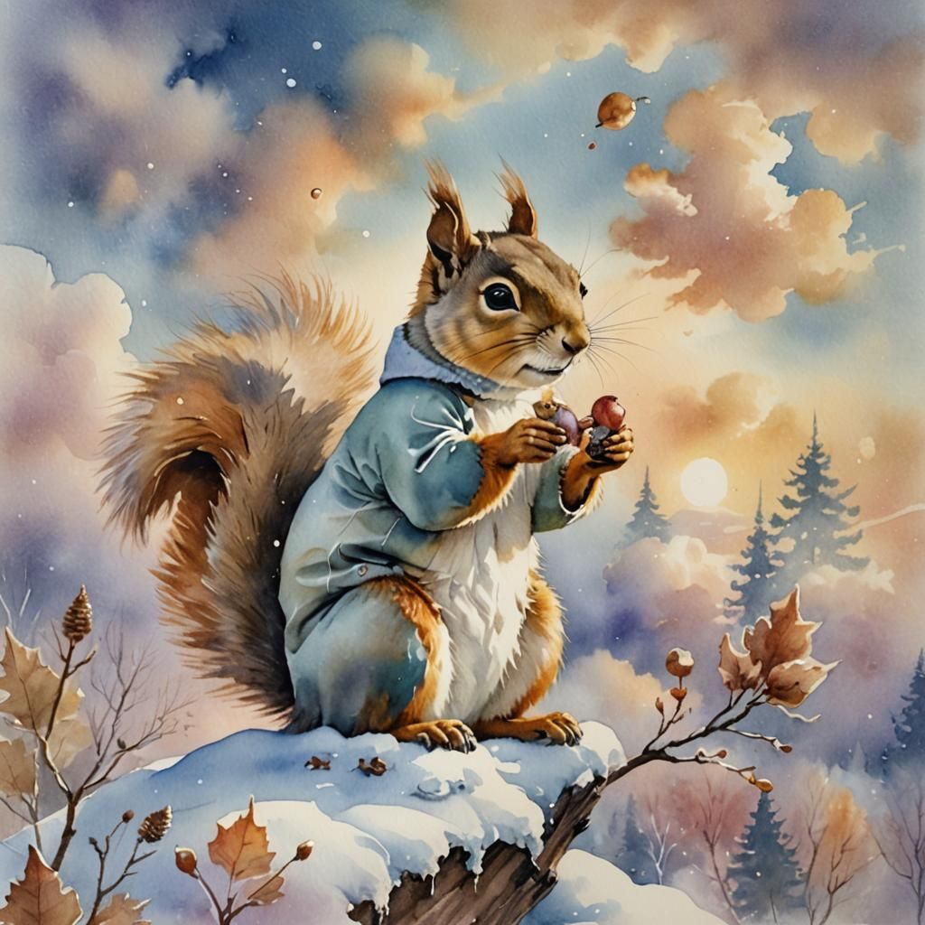 Squirrel in Winter Clothing Watercolor Cloudscape