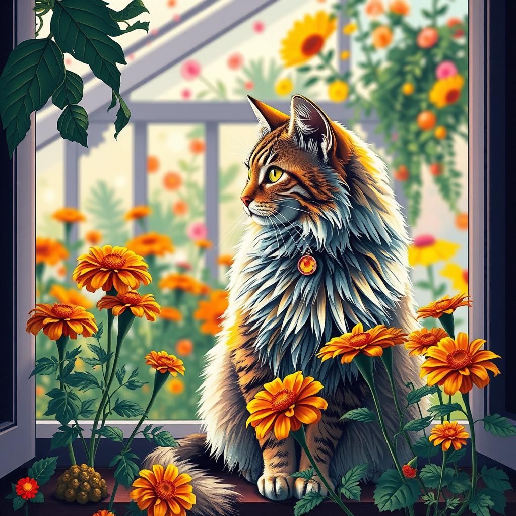 Cat in Window with Blooming Garden, Pop Art Style