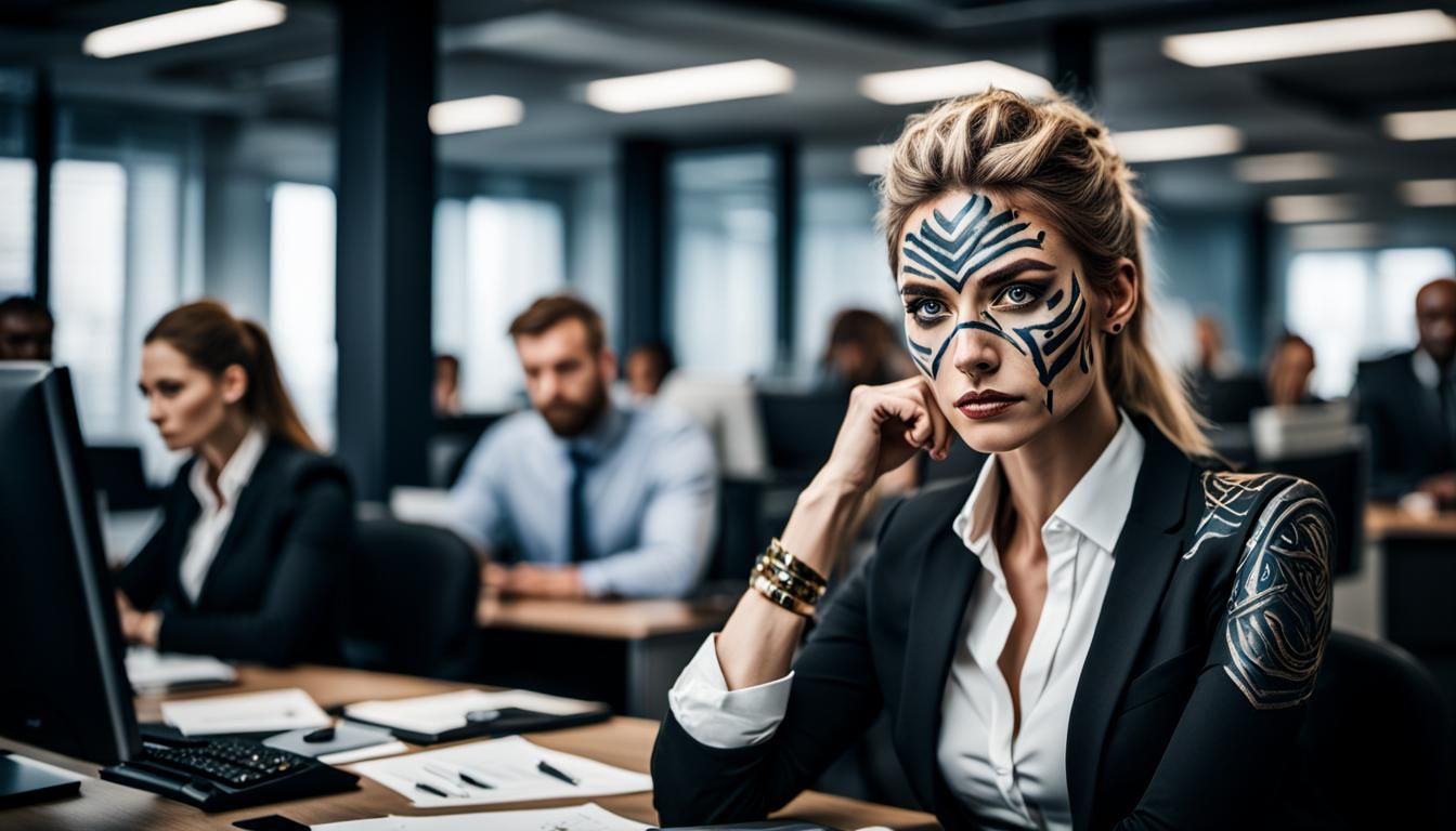 Businesswoman with Viking Warpaint in Chaotic Office