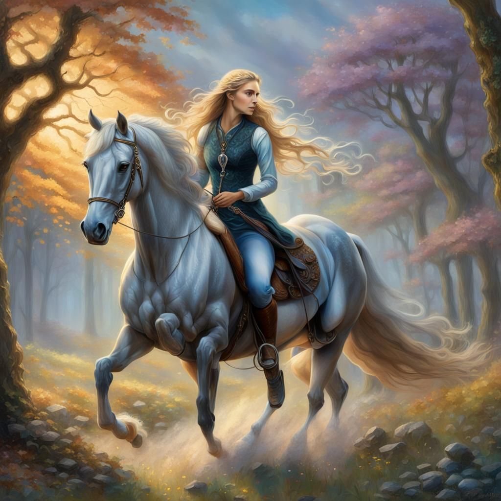 Woman Rides Stallion Through Misty Forest in Dreamy Style