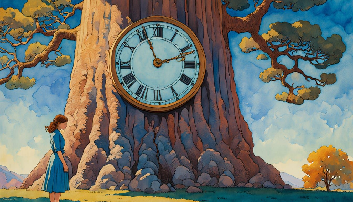 Woman Weeping Before Giant Clock in Gouache Style