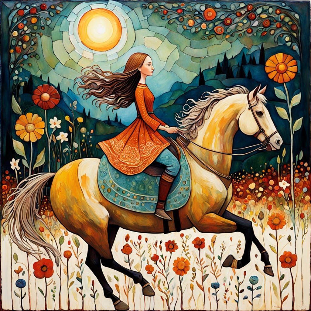 Encaustic Painting of Woman Riding Horse Through Flowers