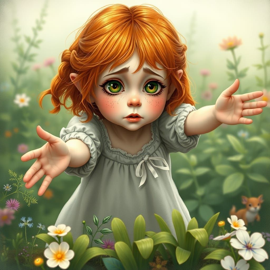 Girl Reaching for Garden: Whimsical Illustration
