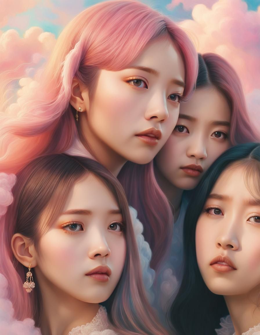 Ethereal Pastel Portrait of Four Women in a Cloudy Sky