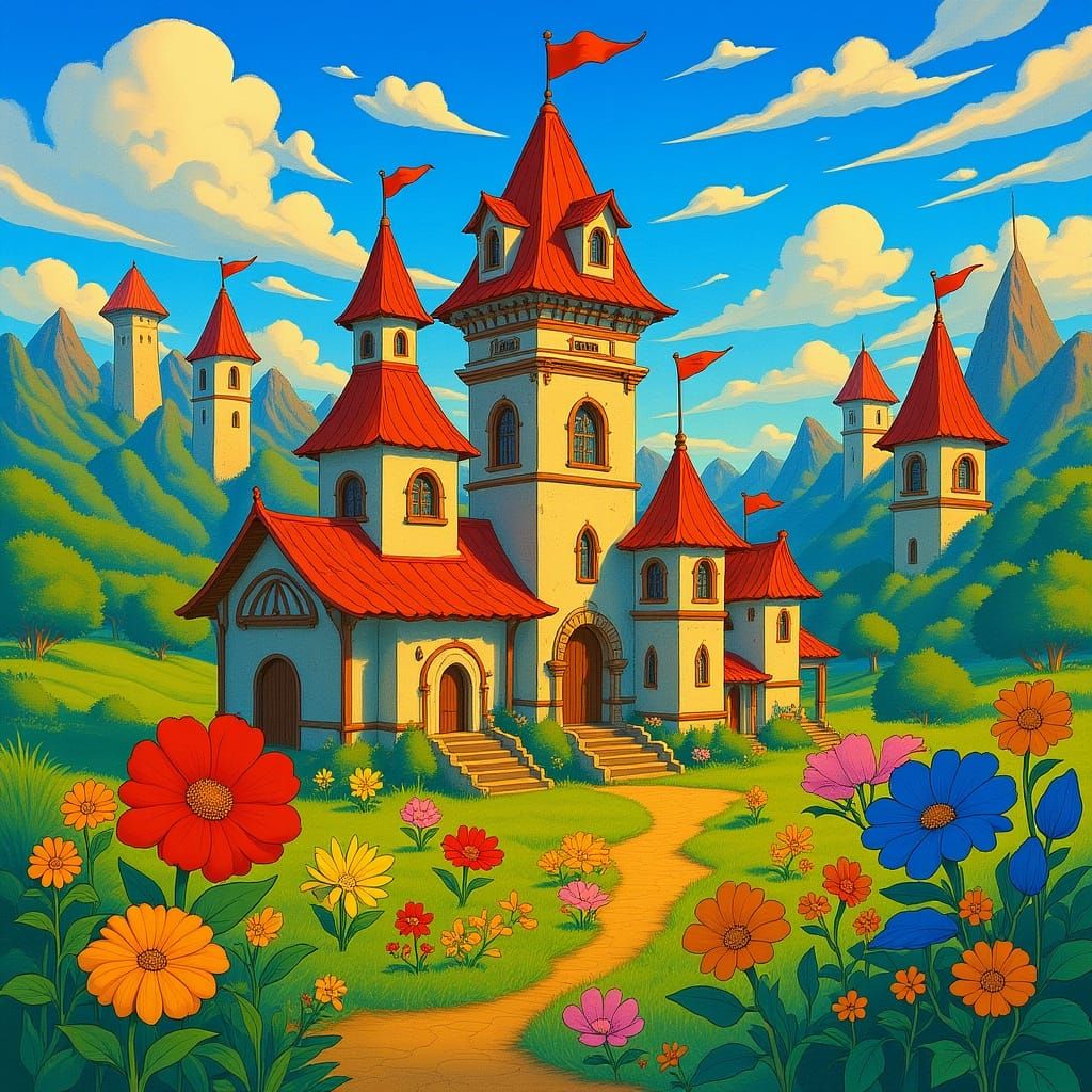 Whimsical 2D Cartoon Art in Miyazaki Style