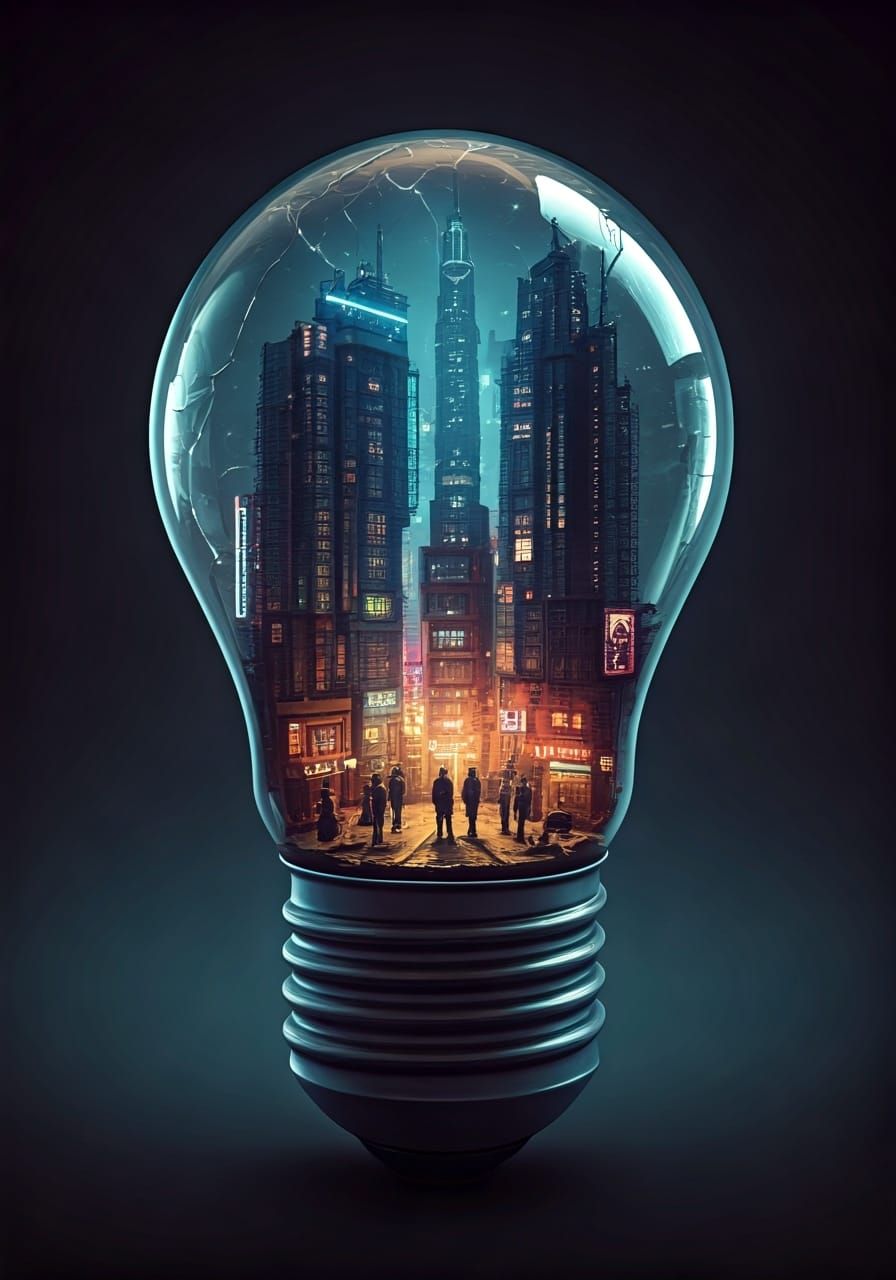 Cyberpunk City in Lightbulb, Vintage Sketch Style