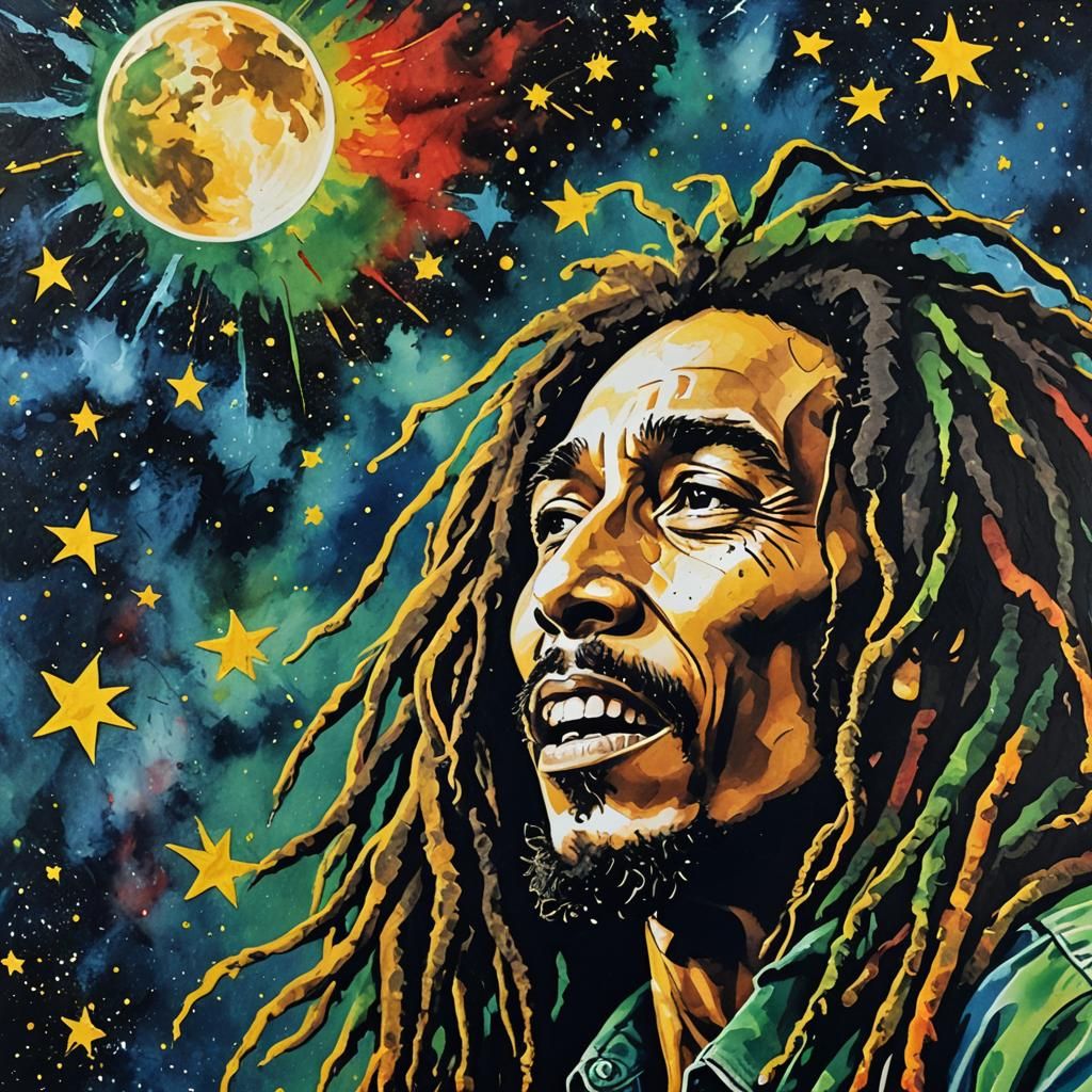 Bob Marley Portrait with Falling Stars in Pop Art