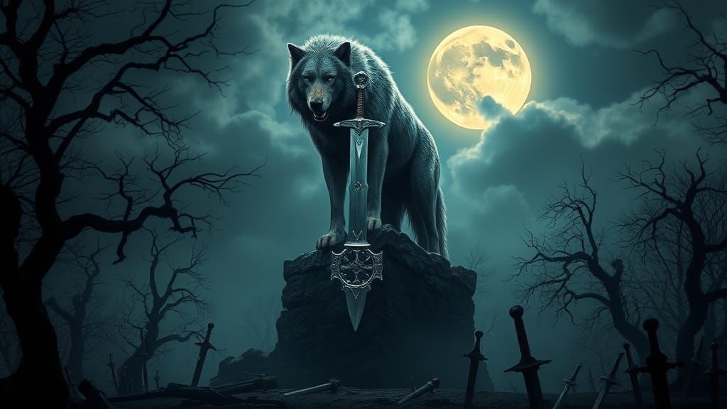 Majestic Wolf with Sword in Moonlit Forest