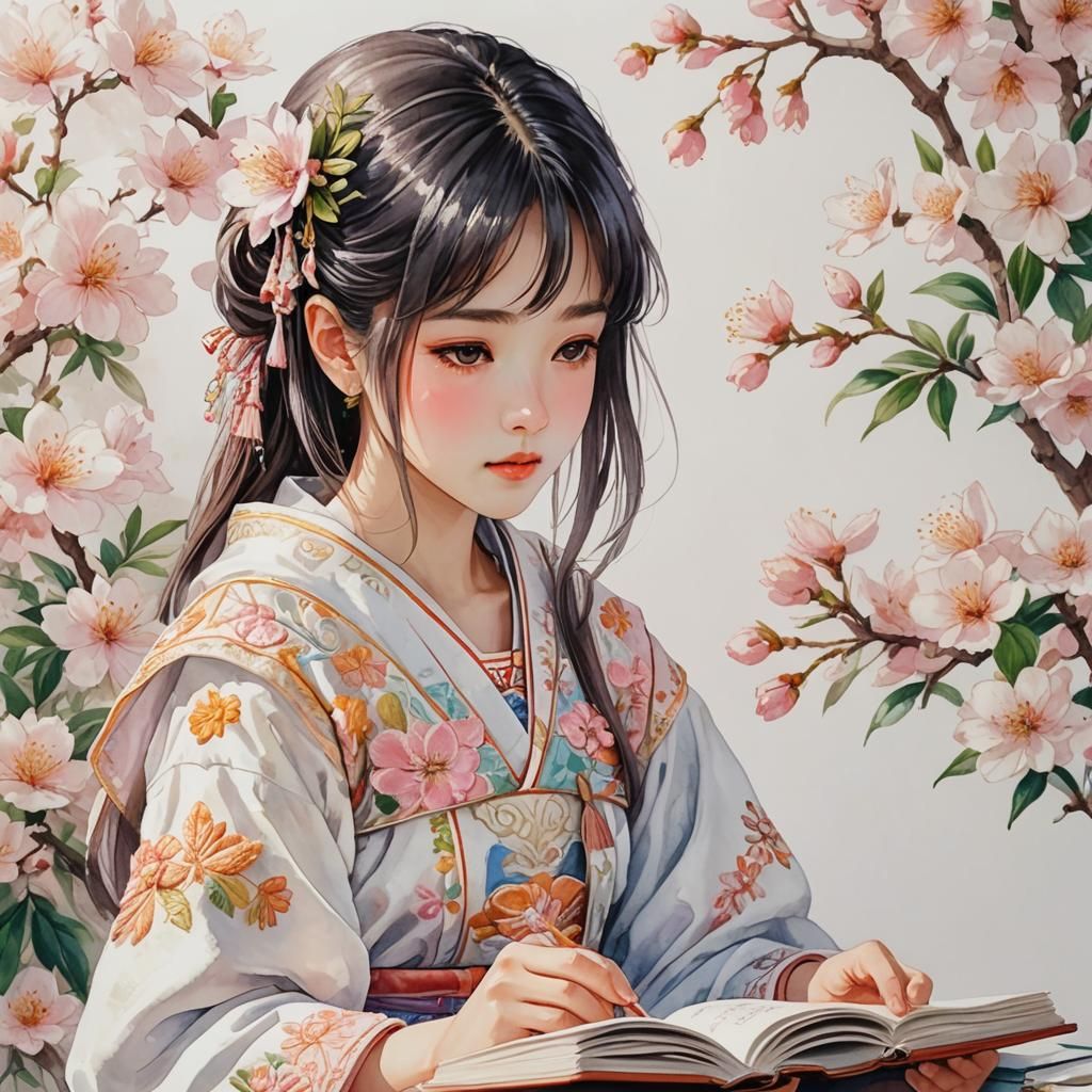 Anime Girl Reading in Embroidered Algerian Clothes
