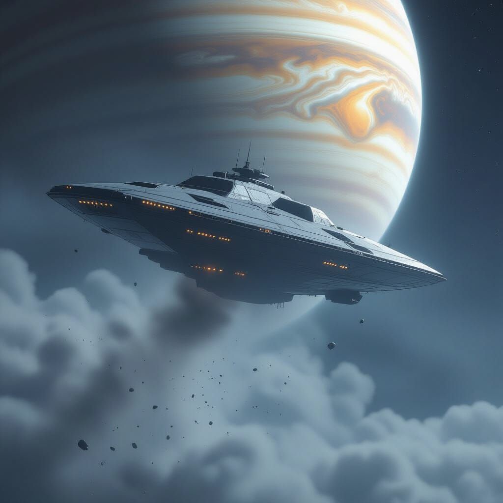 Space ship motionless in orbit with a debris field