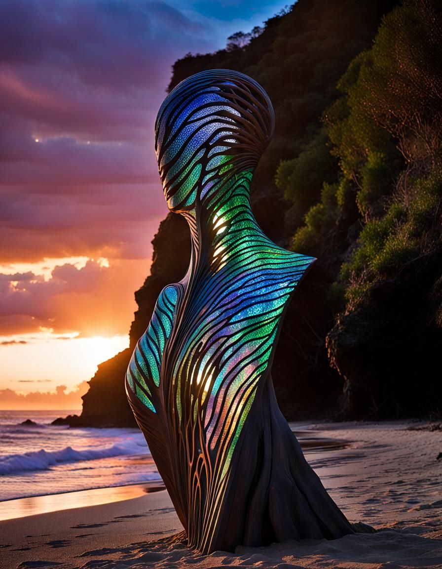 Glowing Wood Lace Sculptures on Cliff at Sunset
