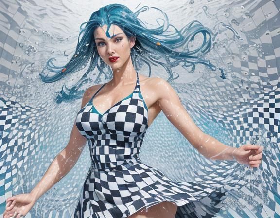 Underwater Woman with Checkerboard Pattern and Splashes