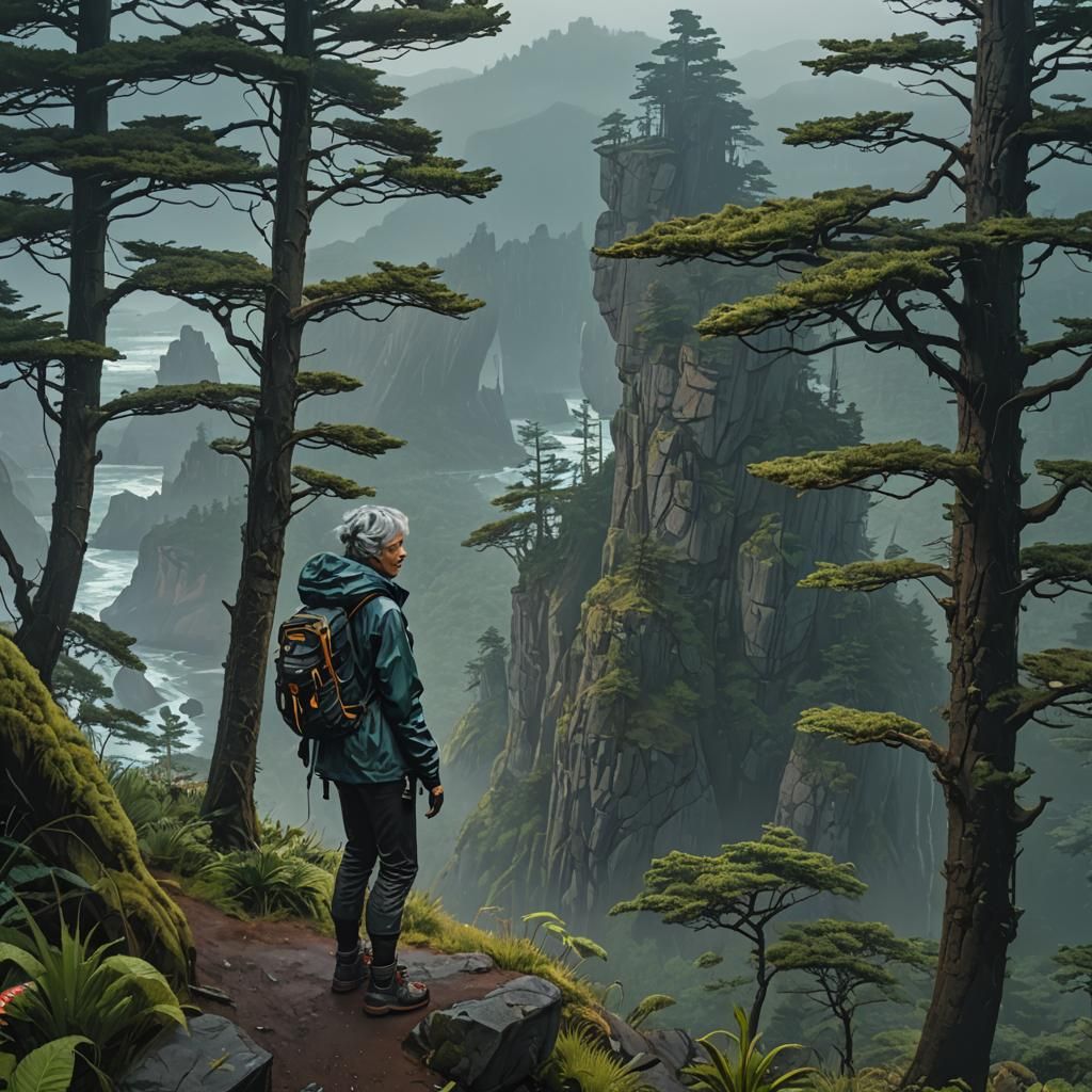 Cyberpunk Hiker Overlooking Ocean Sea Stacks