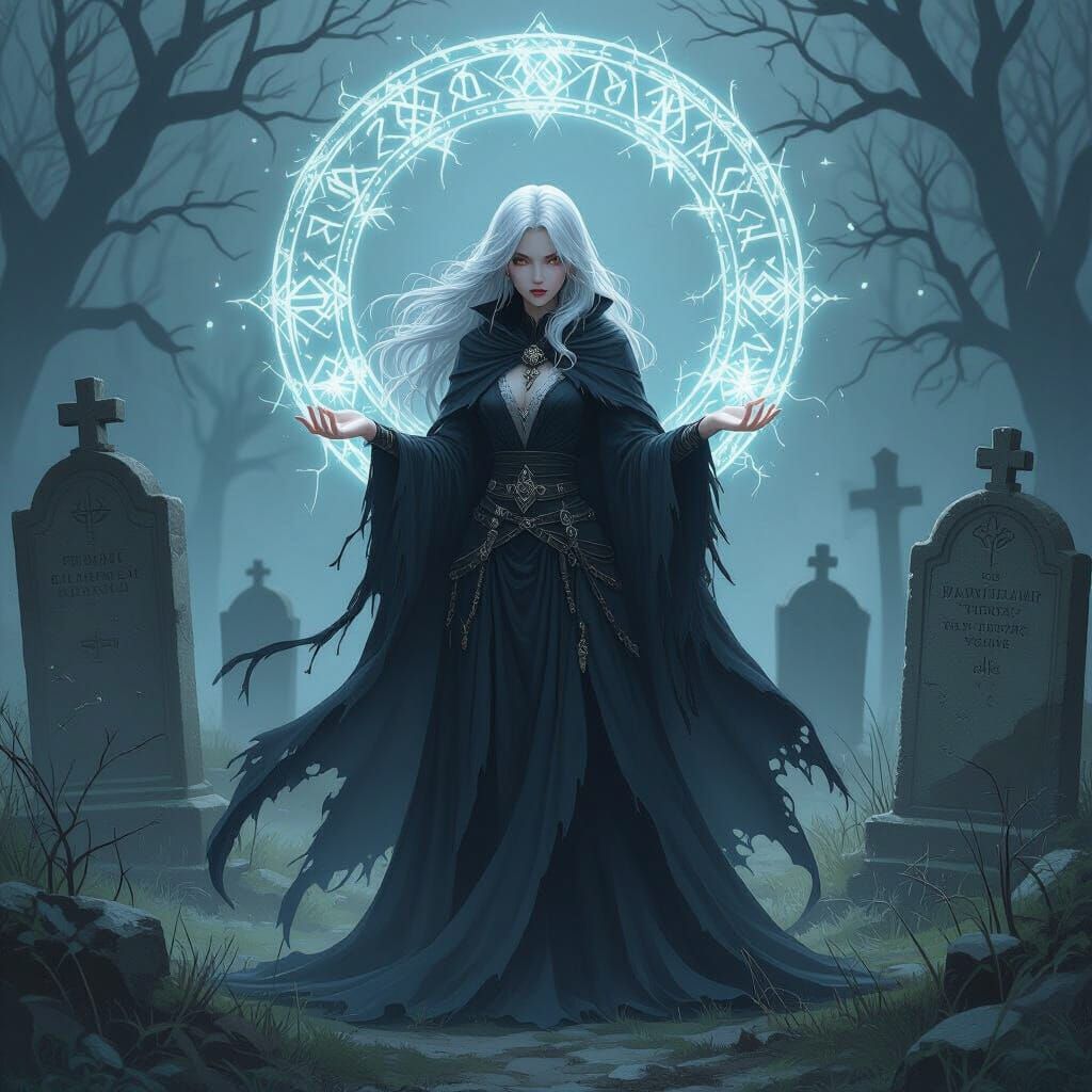 Anime Sorceress Conjures Runes in Misty Graveyard, Pre-Rapha...