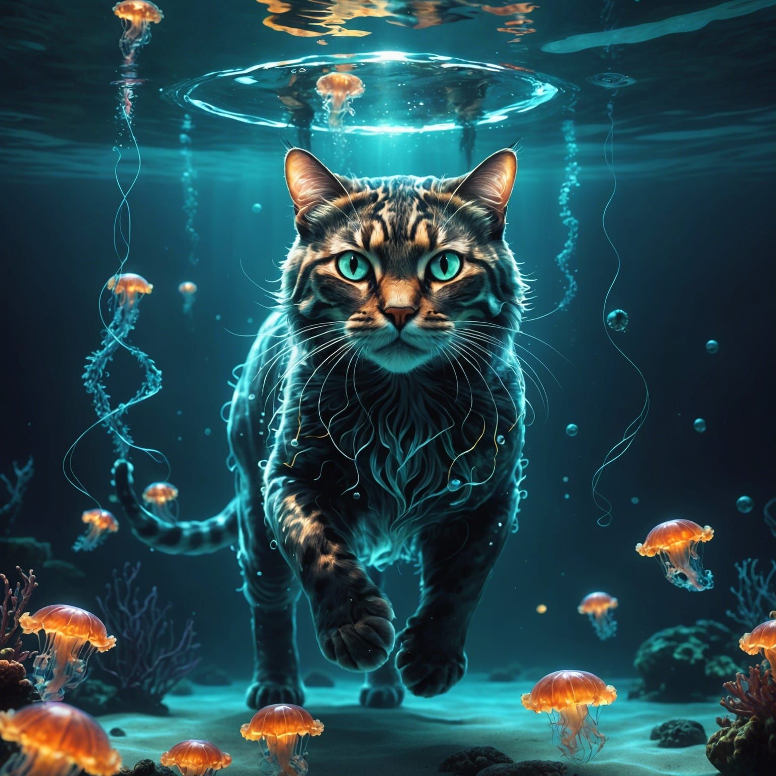 Glowing Glass Cat Swimming Underwater: Fantasy Art