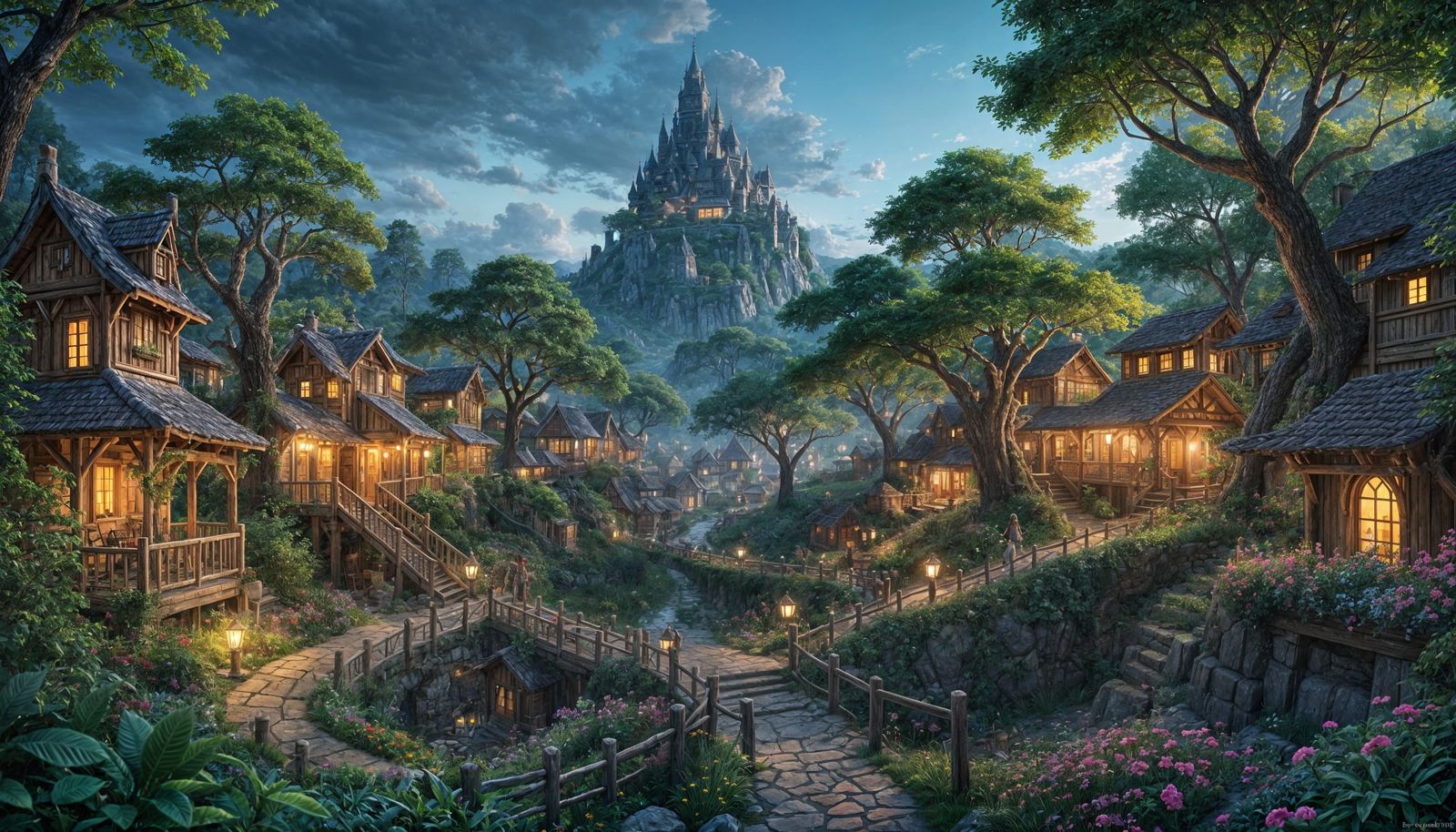 Enchanted Village Under Radiant Tree Canopy