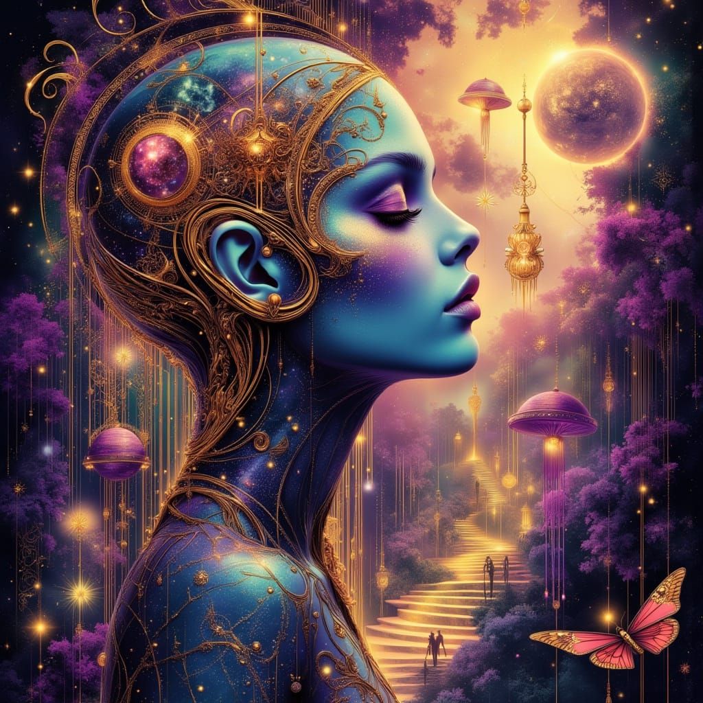 Luminous Alien Woman in Surreal Cosmic Landscape