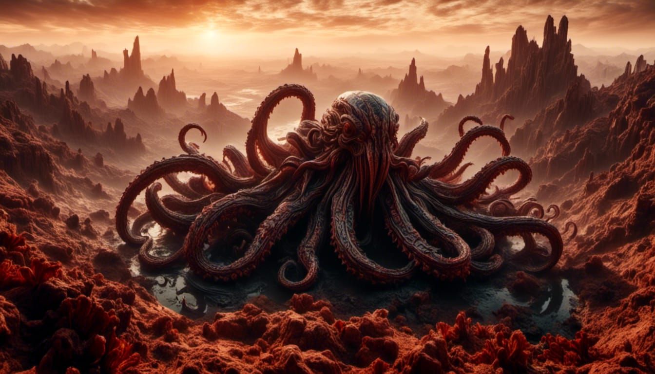 <lora:Cthulhu:1.0> <lora:Xenomorph:1.0> <lora:Cosmic Landscapes:1.0> <lora:SuperHyperrealism:1.0> tentacled horror snaki...