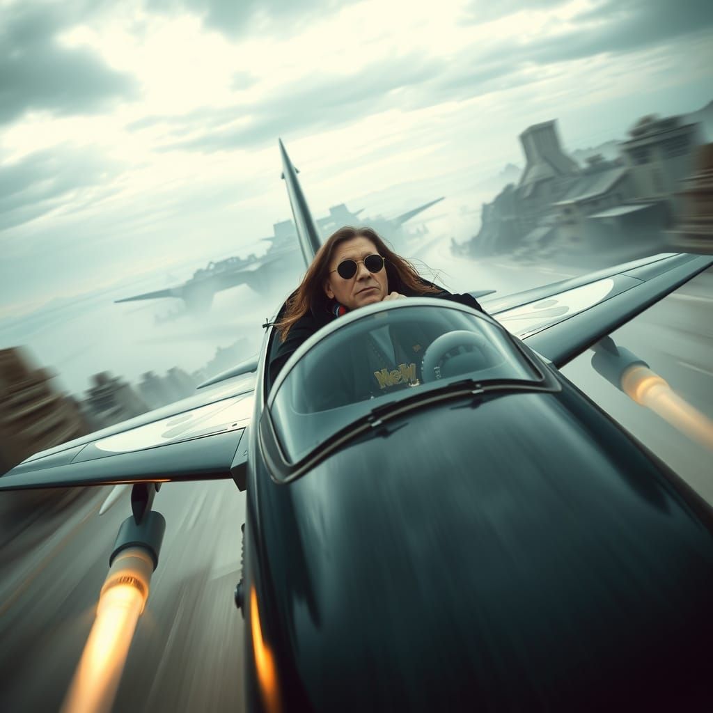 Ozzy Osbourne in Fighter Jet, Ghostly Landscape