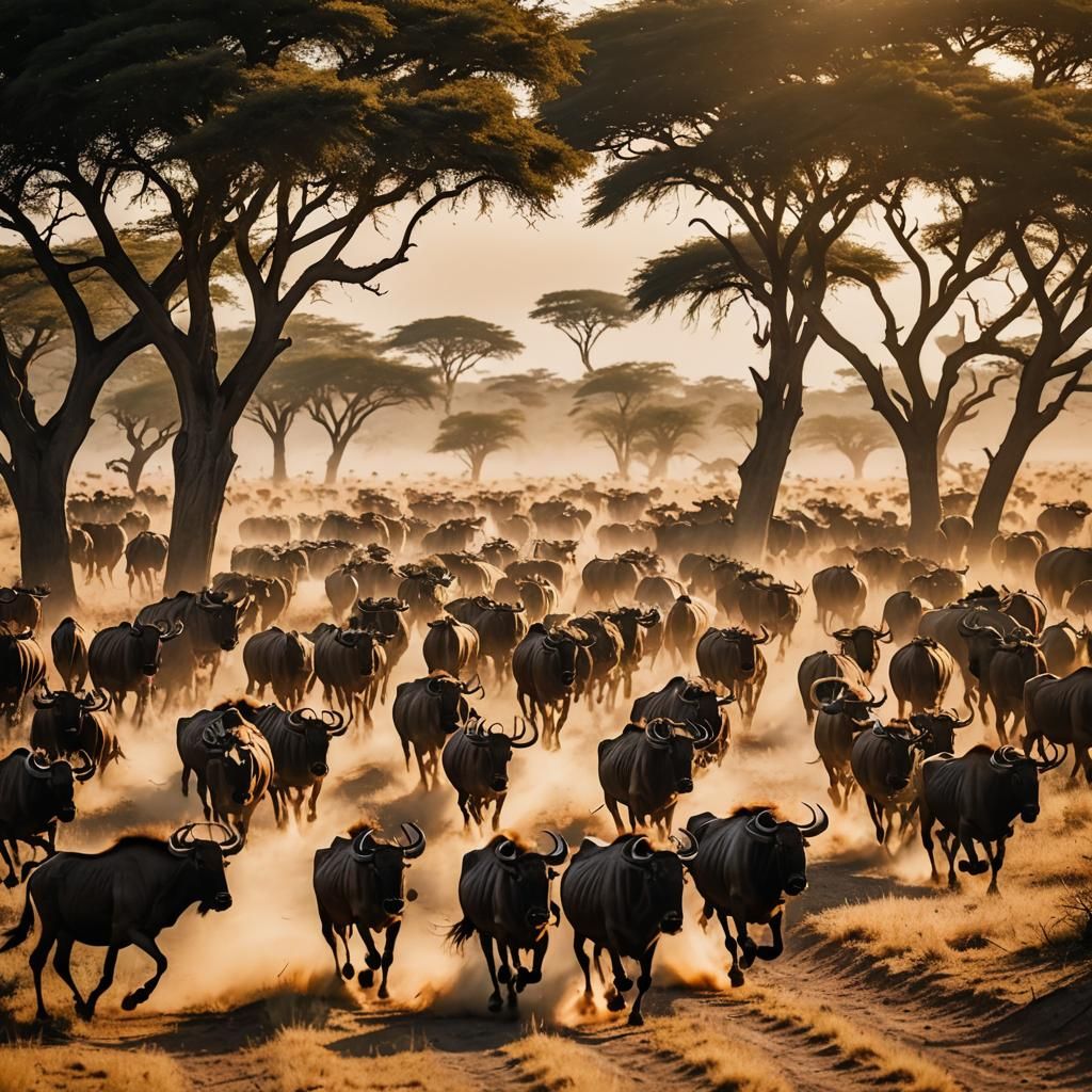 Wildebeest Migration Across Serengeti Plains in Golden Light