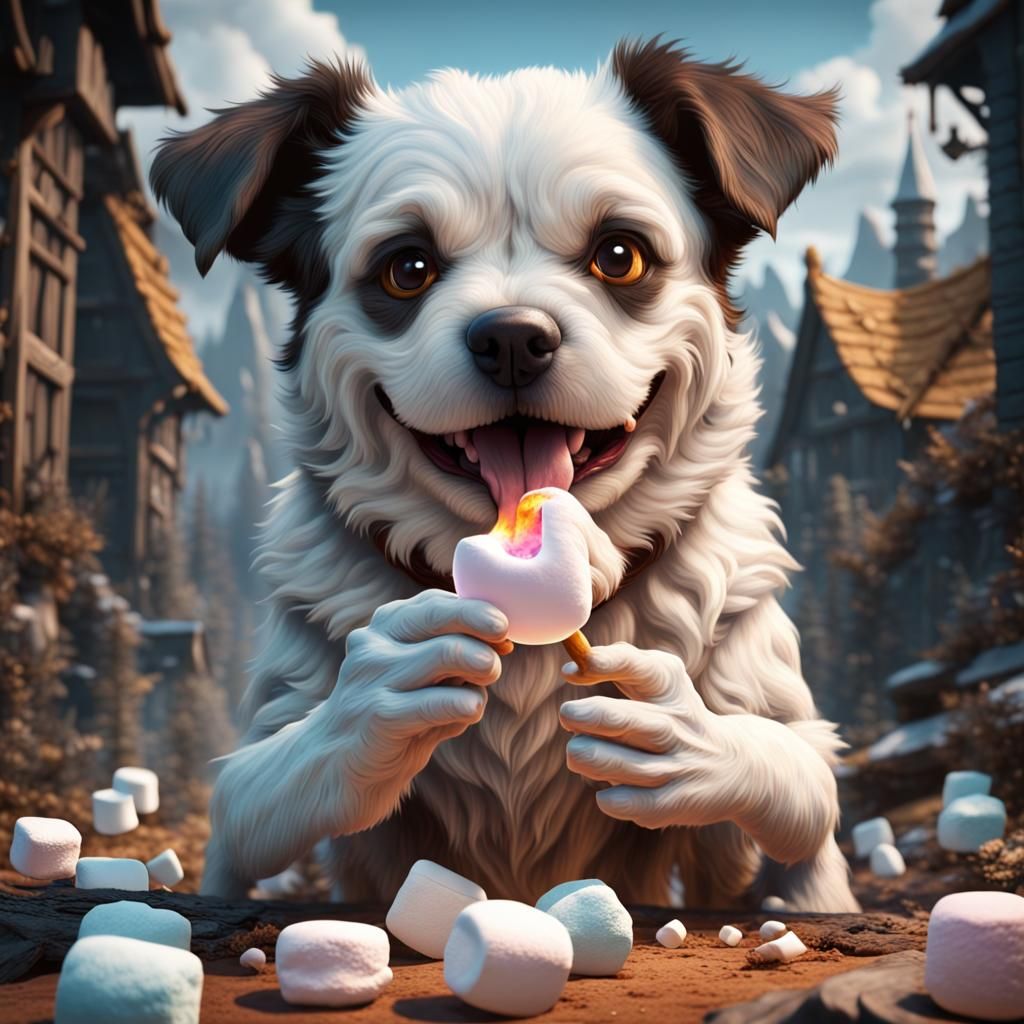 Dog Enjoys Marshmallow: Detailed Fantasy Art