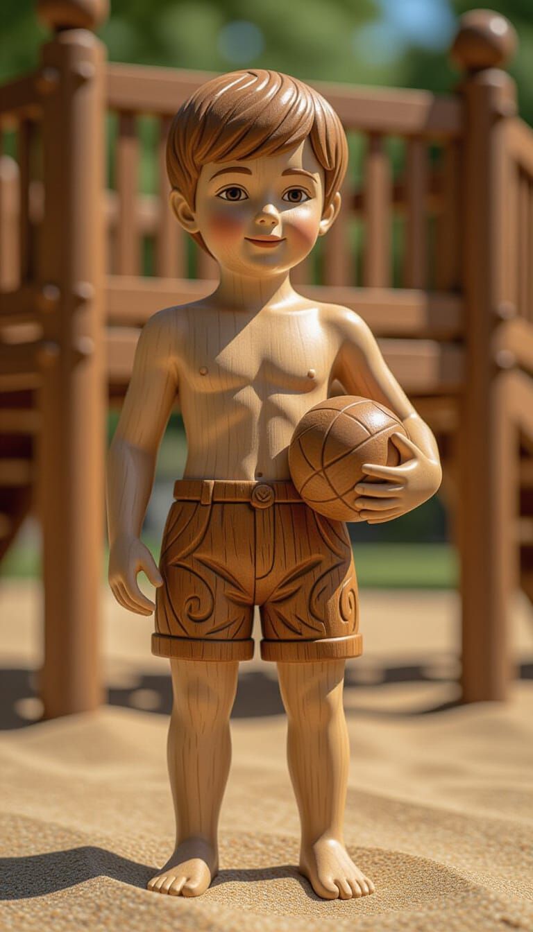 Wooden Boy Sculpture in Ornate Carved Realism