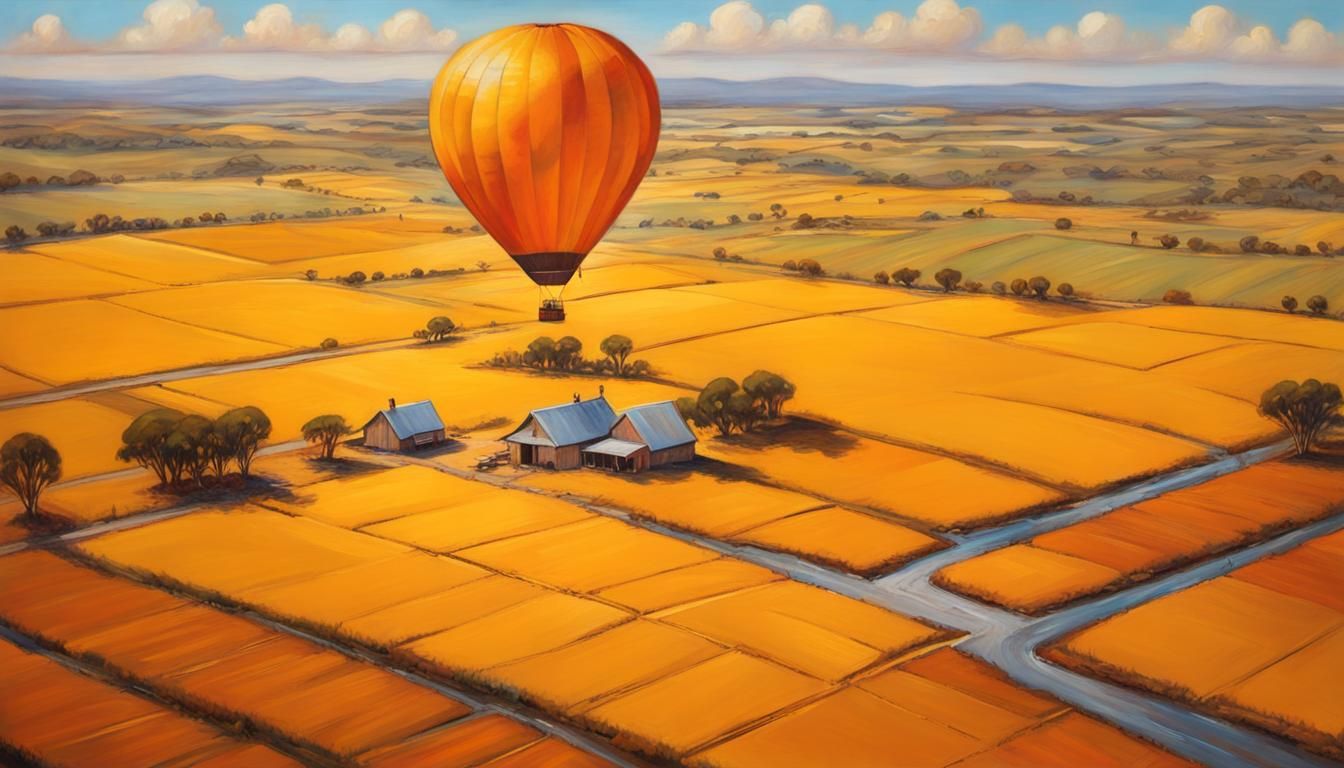 Hot Air Balloon Over Australian Farmland: Oil Painting