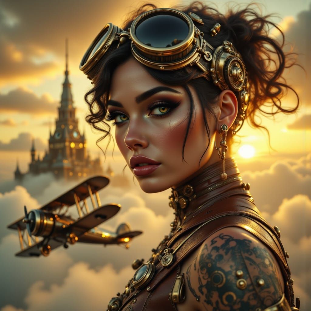 Art Deco Aviatrix Queen Leaps From Biplane Over Retro-Futuri...