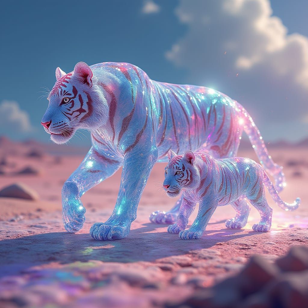 Crystal Tiger Mother and Cub Walk Across a Rainbow Desert