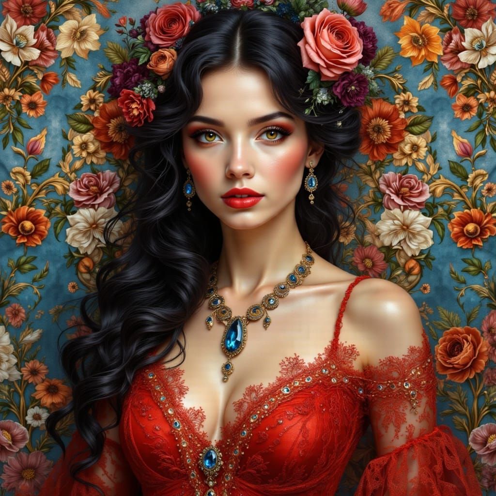 Ethereal Portrait of a Raven-Haired Woman in Scarlet Red Gow...