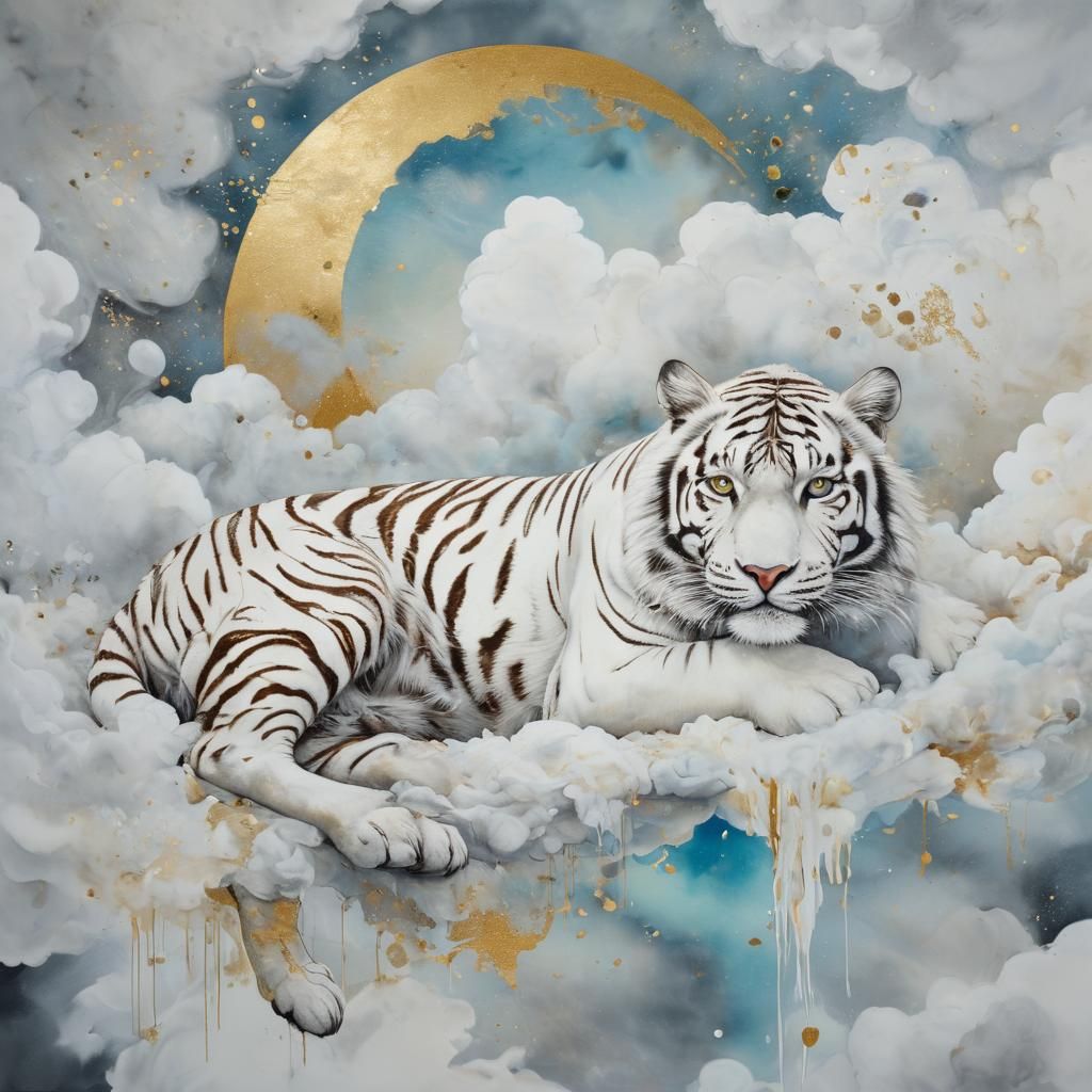 White Tiger in Clouds with Moon, Ink Marbling