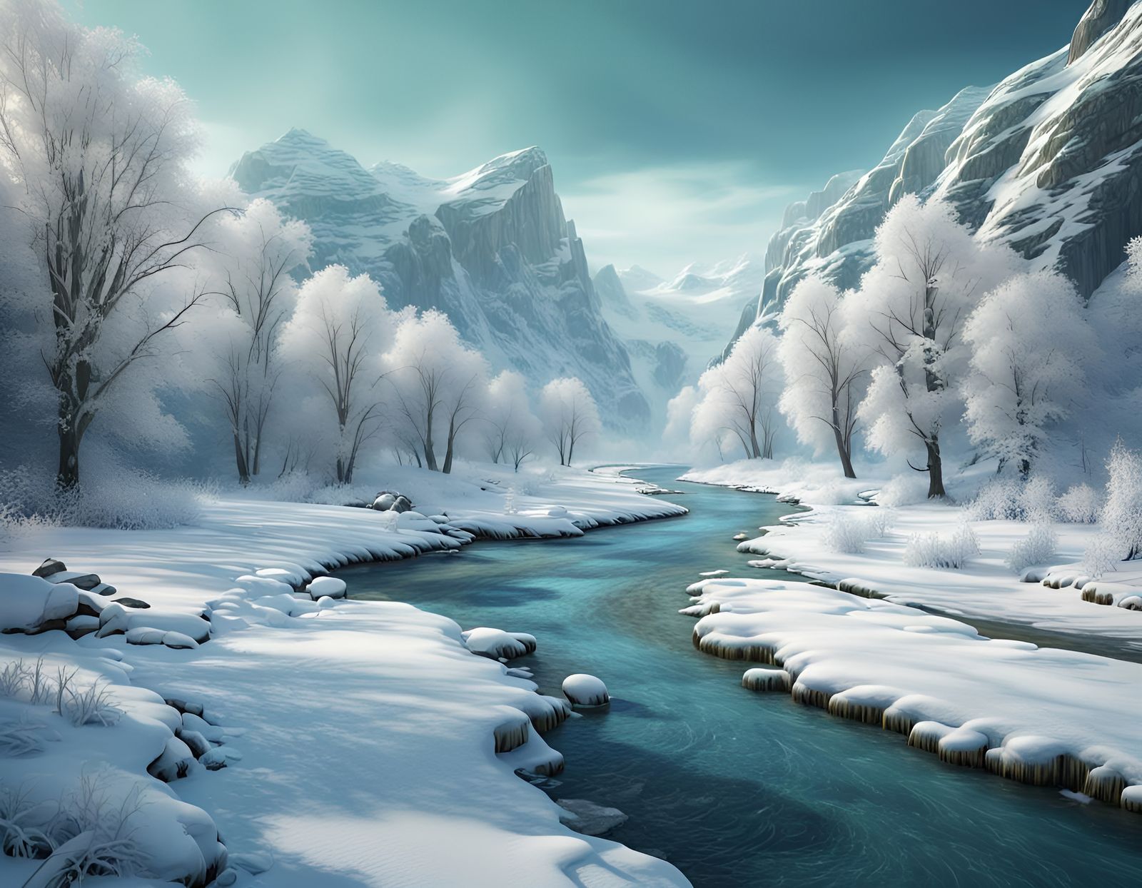 Majestic Winter River Landscape in Cold Tones