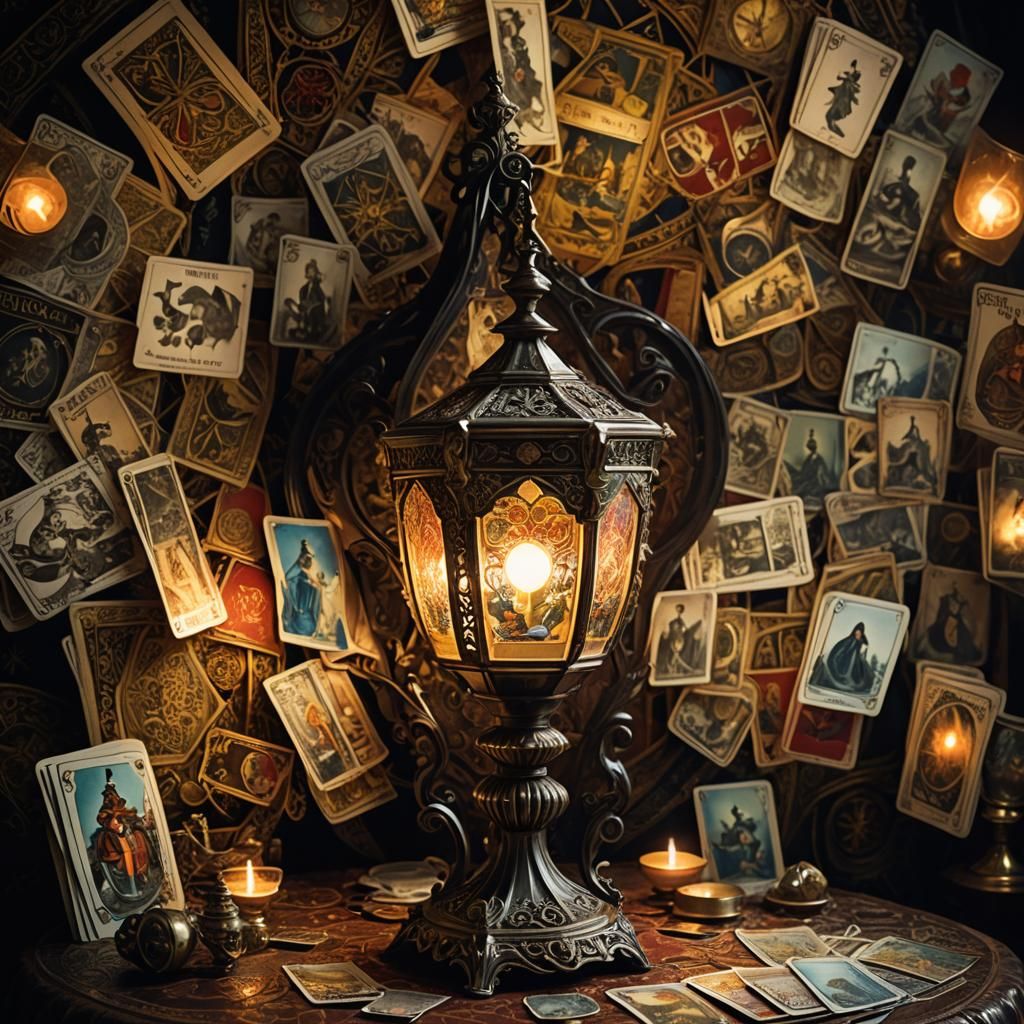Surreal Tarot Card Lamp on Antique Table