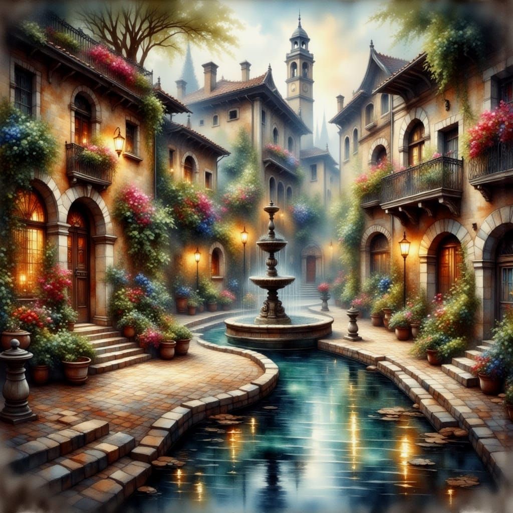 Historic Town Square Shimmers in Antique Watercolor