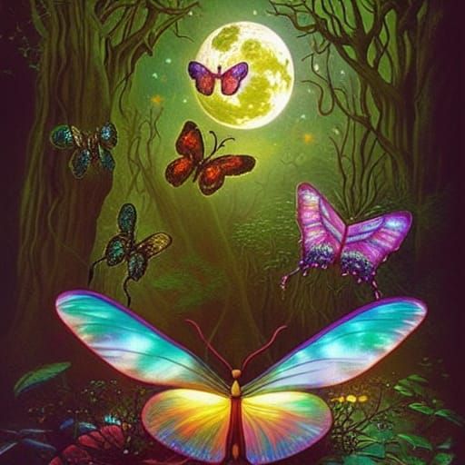 Iridescent Butterfly in Magical Night Forest