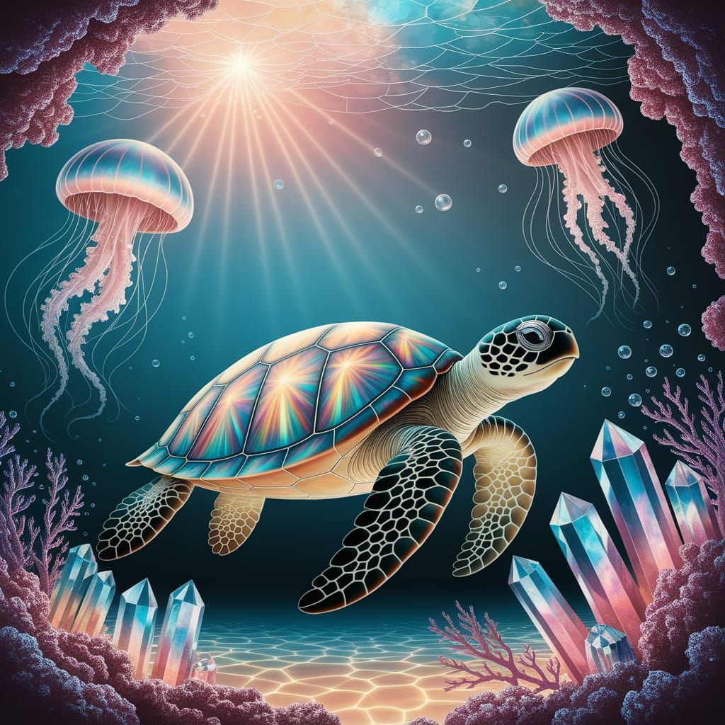 Jeweled Turtle's Underwater Dreamscape in Stained Glass Styl...