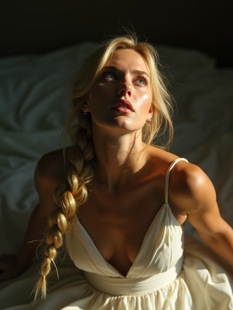 Voluptuous Blonde Woman in Flowing Dress, Cinematic Style