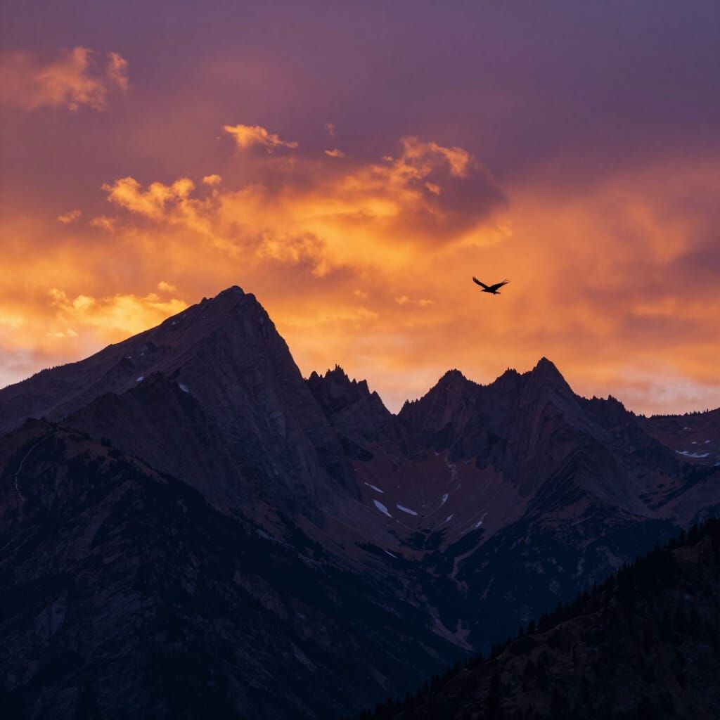 Majestic Mountain Sunset with Soaring Eagle
