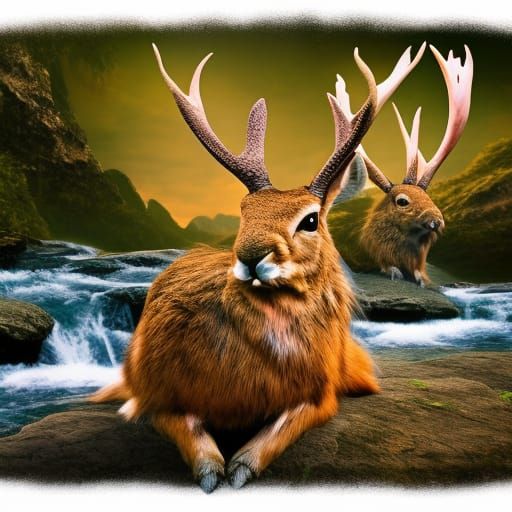 Hyperrealistic Jackalope by Waterfall: Splash Art