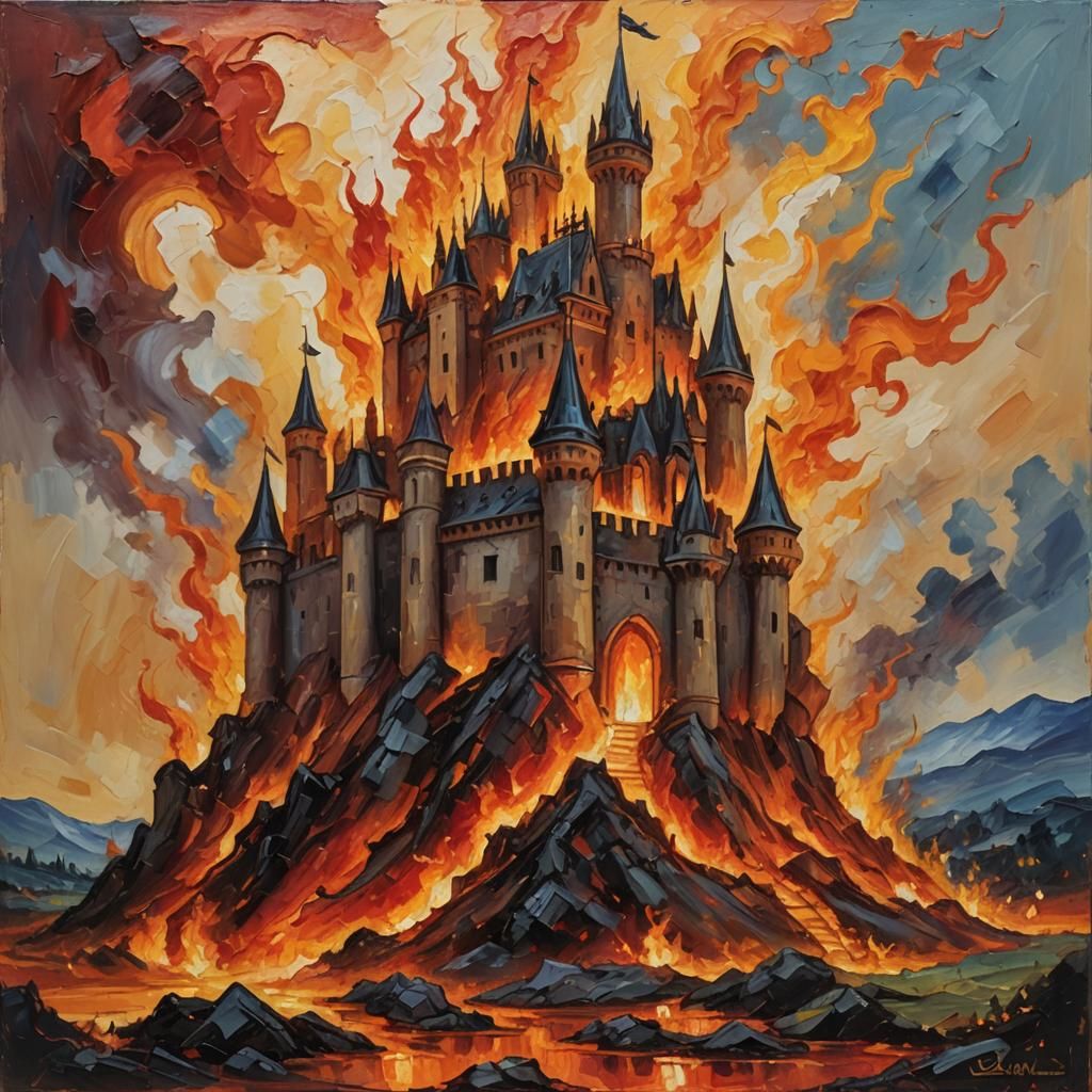 Fiery Castle Rises in Expressionist Oil Painting