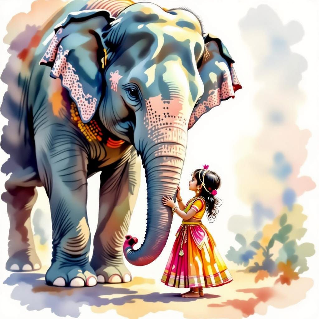 Watercolor Painting of Girl and Elephant in Harmony