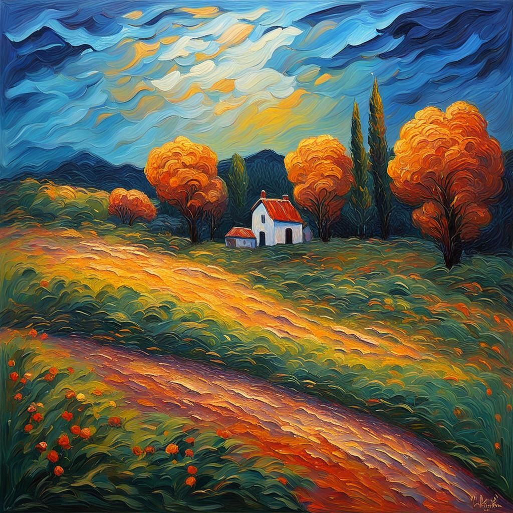 Expressionist Oil Painting of Wind-Swept Countryside